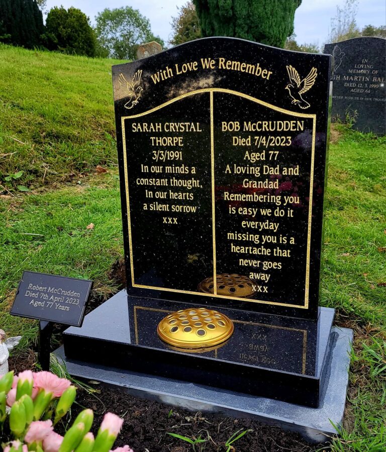 Black granite double headstone with gold lettering