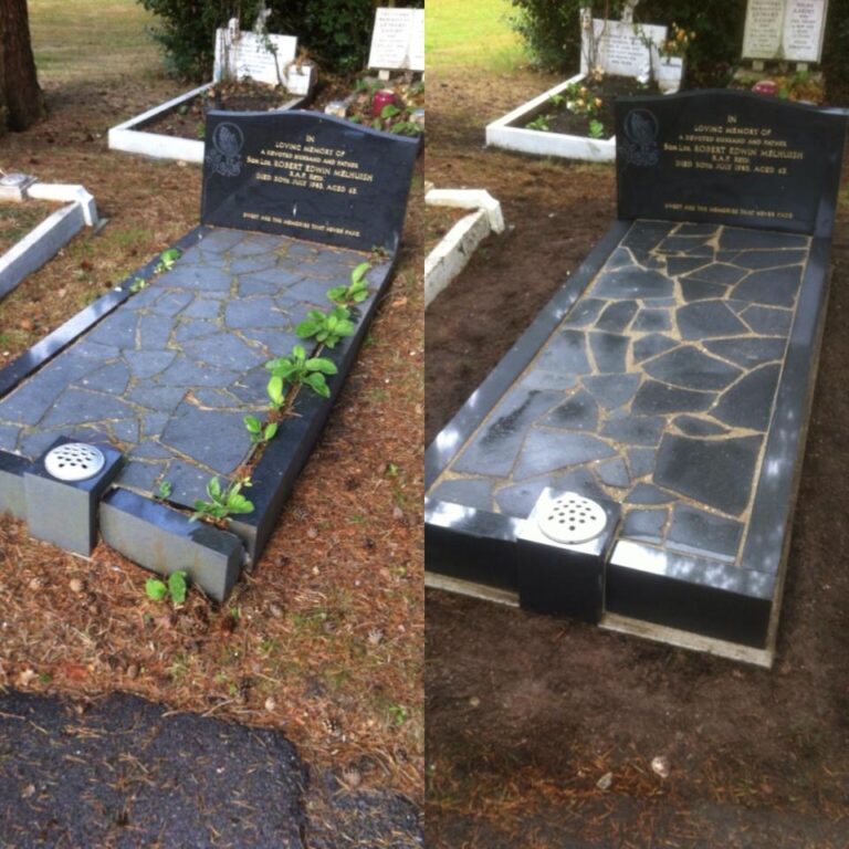 Before and after cleaning of a black granite kerbed memorial