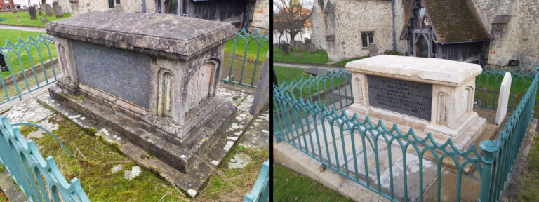 Before and after restoration of a historic stone chest tomb in a churchyard
