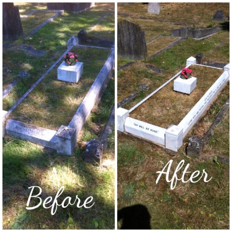 Before and after restoration of a kerbed grave surround