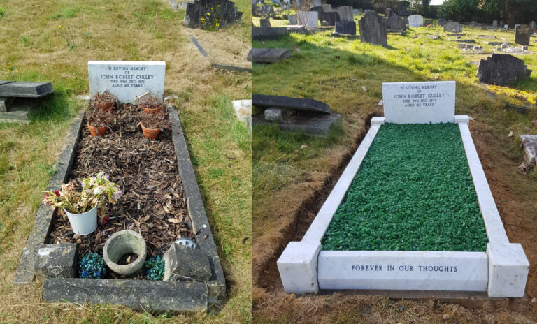 Before and after renovation of a grave with new white kerbs and green chippings