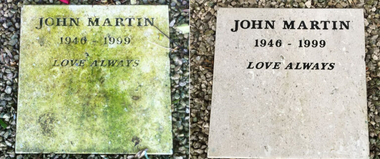 Before and after cleaning and re-lettering of a sandstone headstone
