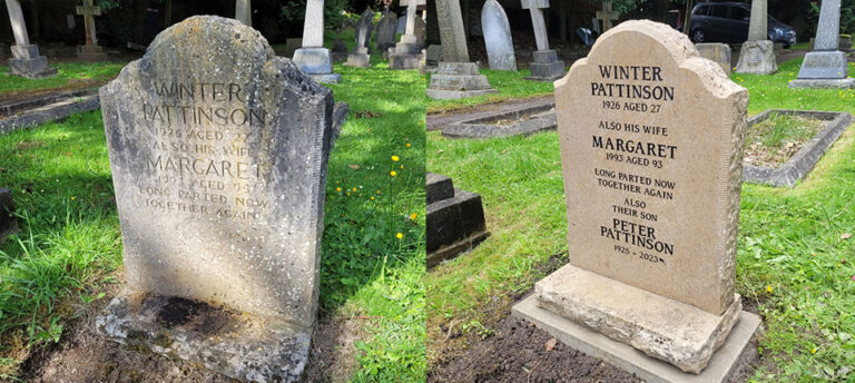 Weathered headstone before and after restoration and re-lettering