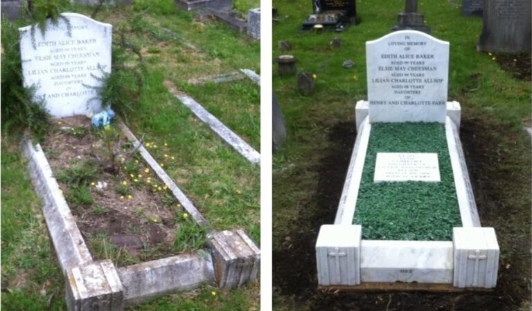 Before and after renovation of a white marble kerbed memorial with green chippings