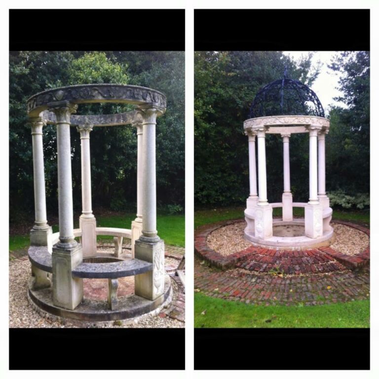 Before and after restoration of a columned stone garden gazebo