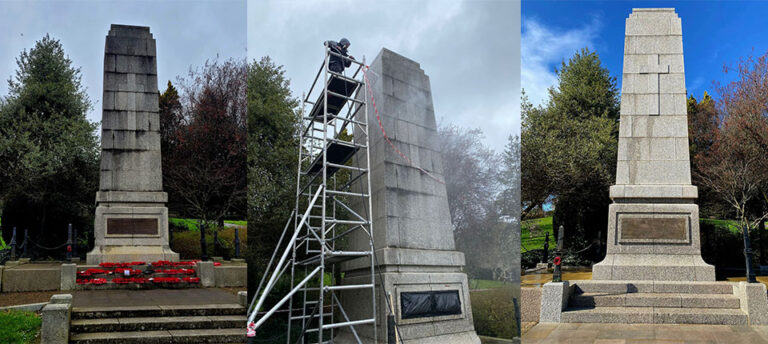 Stone war memorial obelisk before, during and after restoration