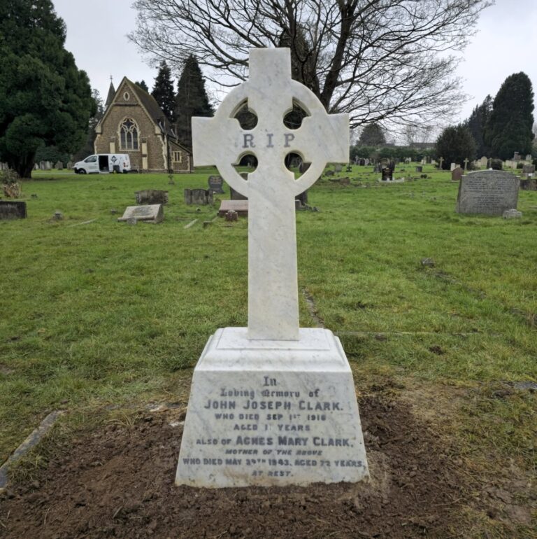 White marble celtic cross headstone